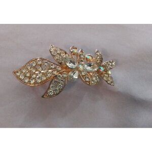 Leaf & Flower Rhinestone Gold Tone Hair Clip Barrette
